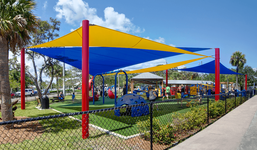 park with blue and yellow awning