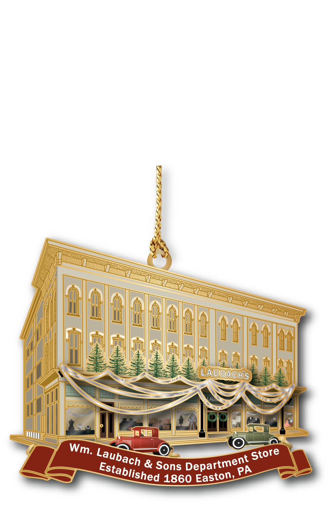 Wm Laubach and Sons Department Store Easton Pennsylvania ornament with vintage storefront and classic automobiles
