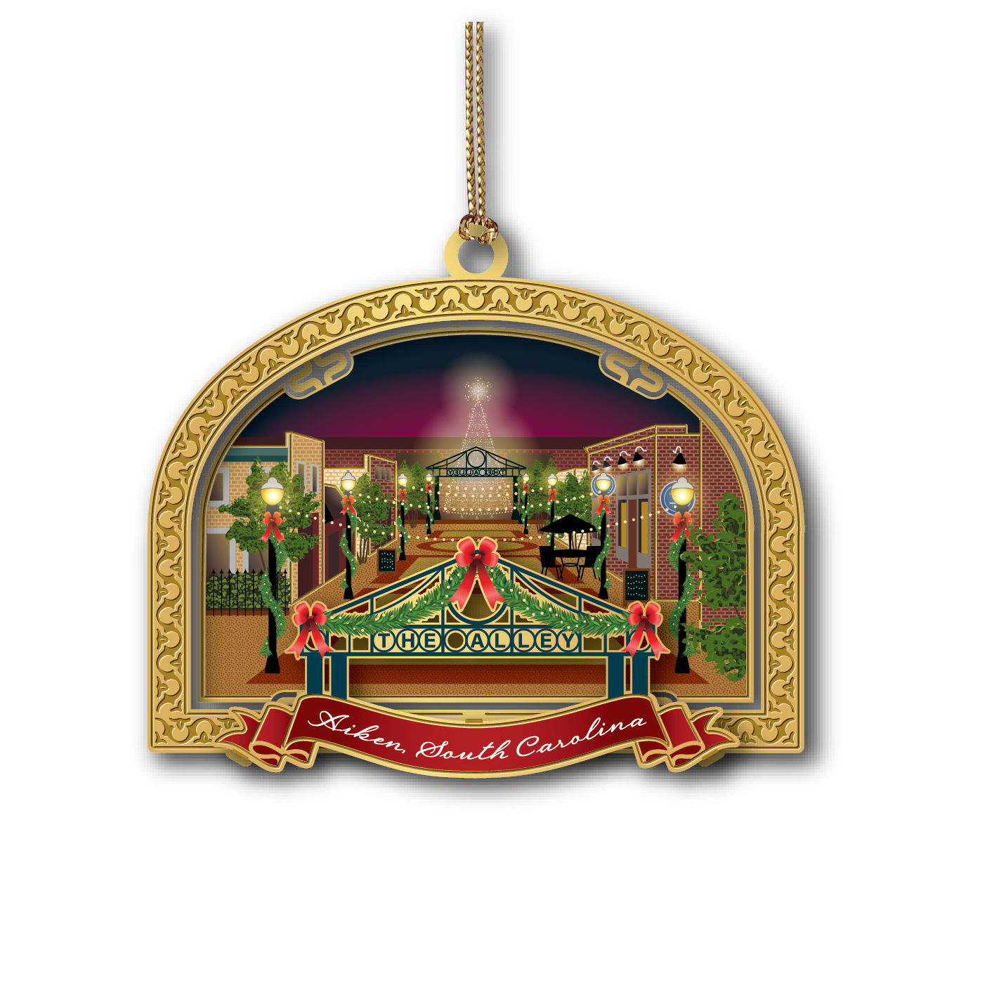 The Alley in downtown Aiken South Carolina ornament featuring festive holiday lights and decorated streetscape