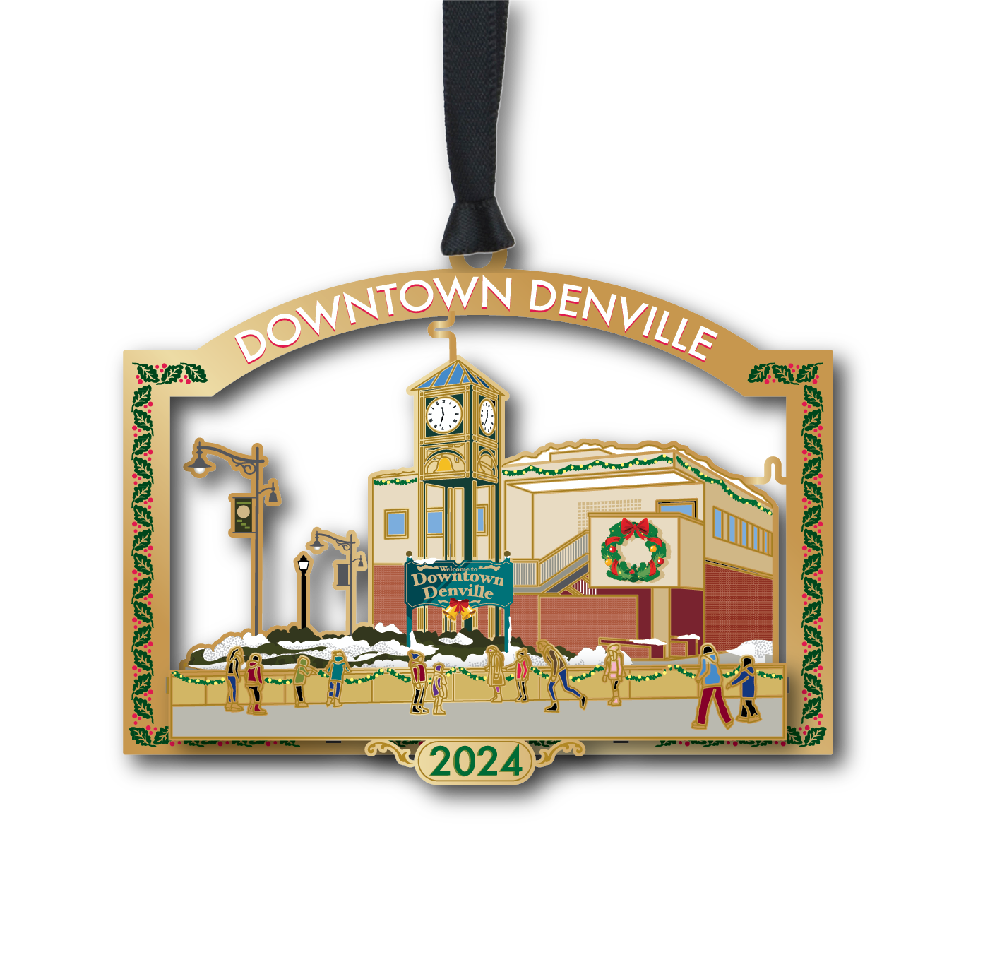 Downtown Denville ornament featuring town clock tower and winter street scene