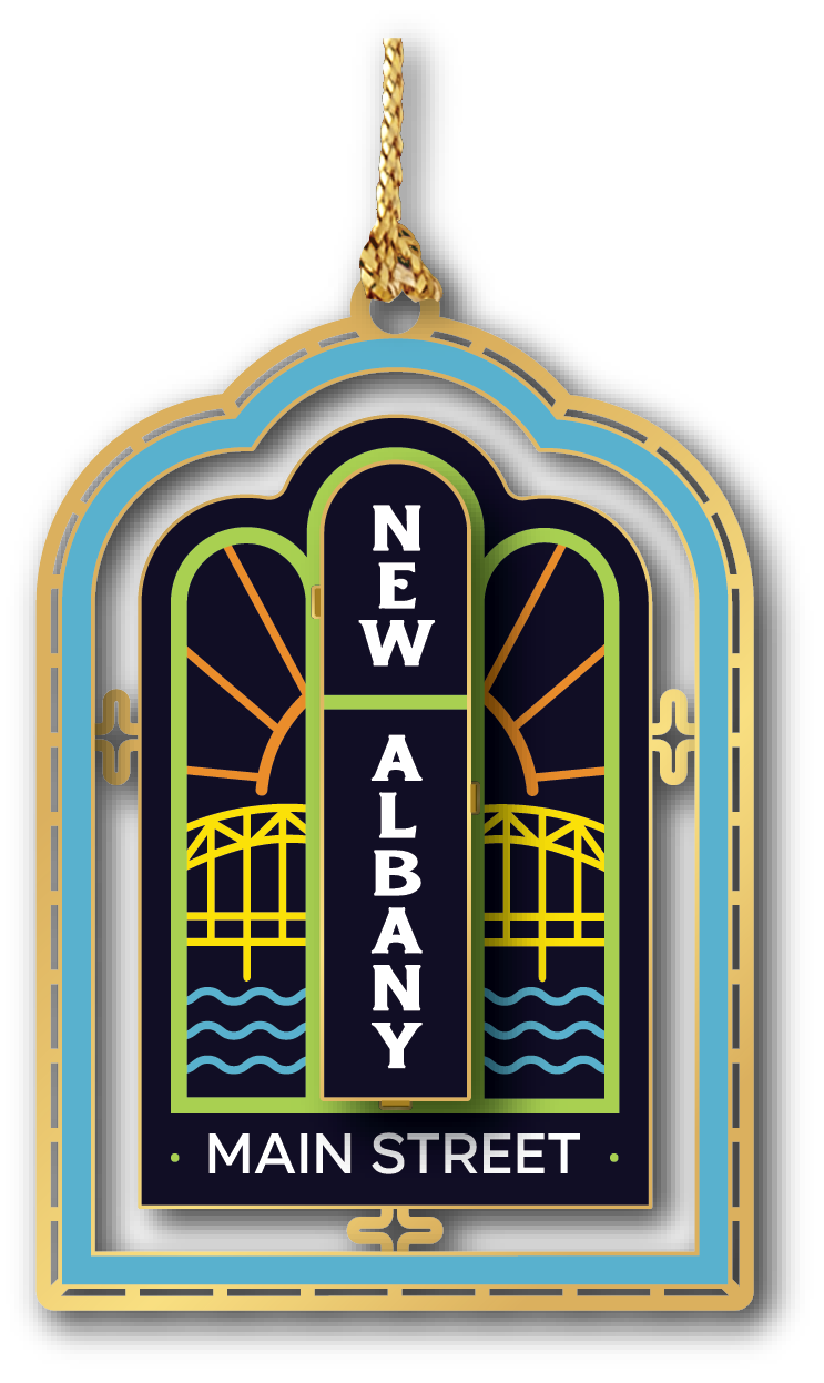 New Albany Main Street ornament featuring stylized downtown arch design with bridge and river motif