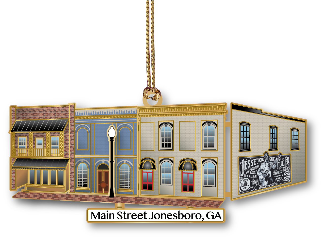 Main Street Jonesboro Georgia ornament featuring historic downtown storefronts and Jesse James mural