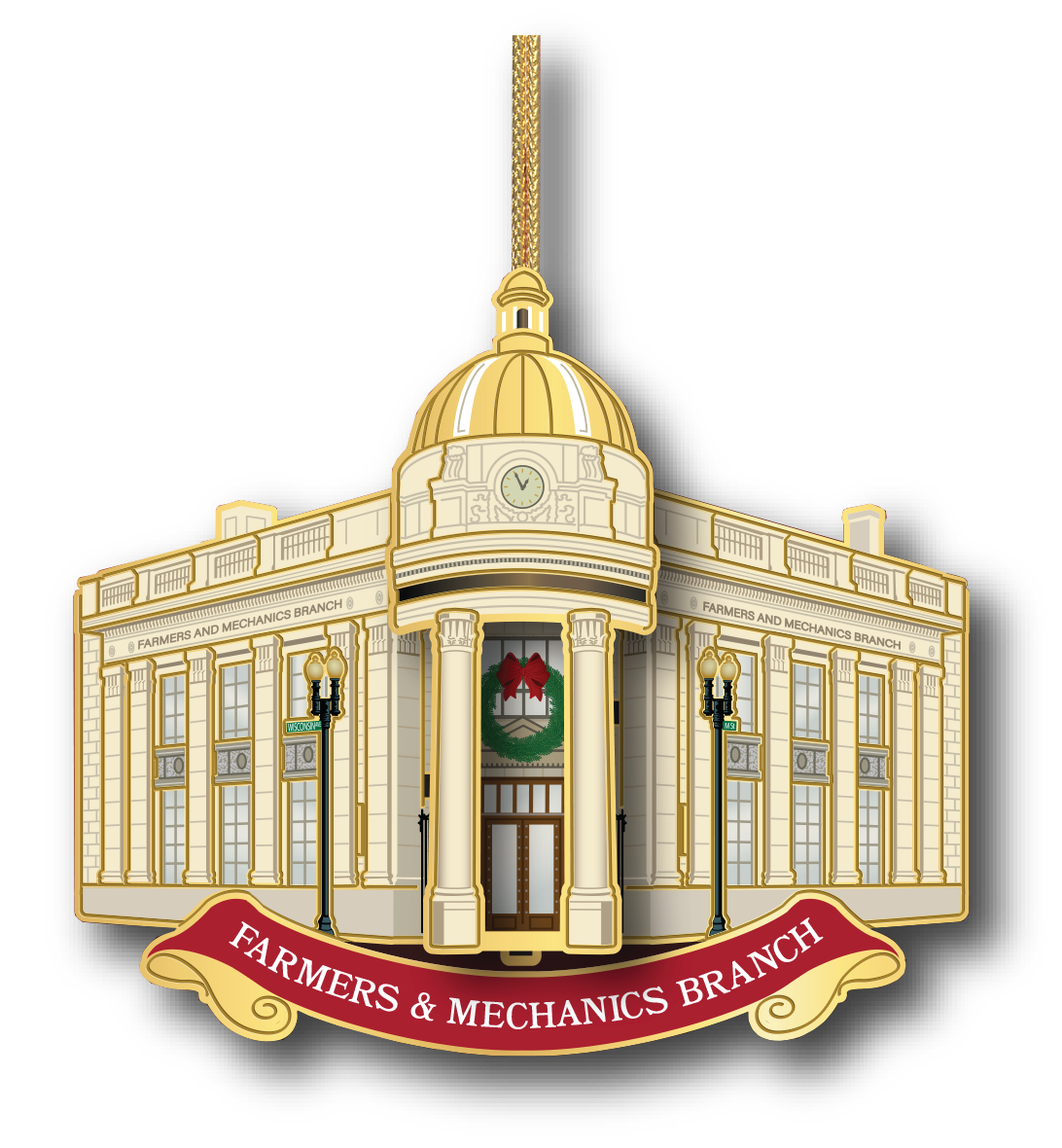 Farmers and Mechanics Branch historic bank building ornament with classical columns and gold dome
