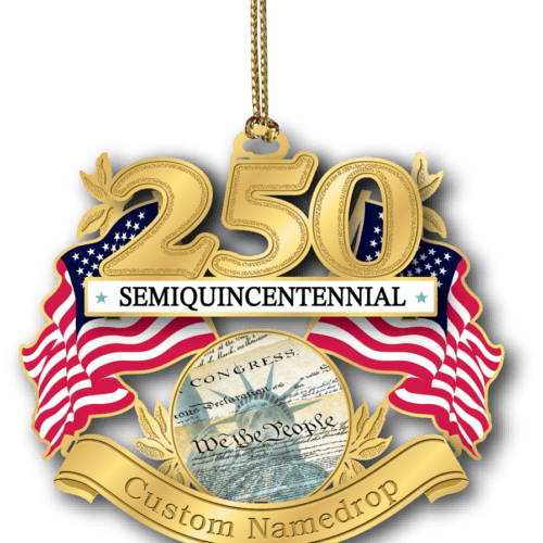 Patriotic America 250 ornament featuring gold "250" numerals, American flags, the Constitution, "Semiquincentennial" banner, and customizable namedrop ribbon.