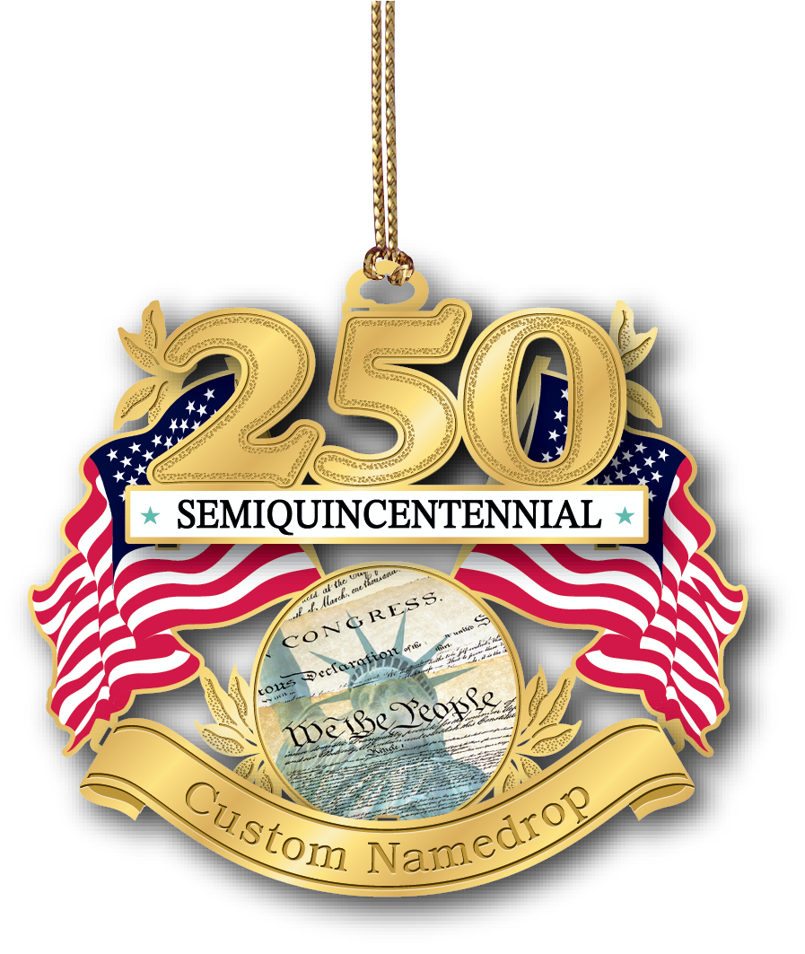 Patriotic America 250 ornament featuring gold "250" numerals, American flags, the Constitution, "Semiquincentennial" banner, and customizable namedrop ribbon.