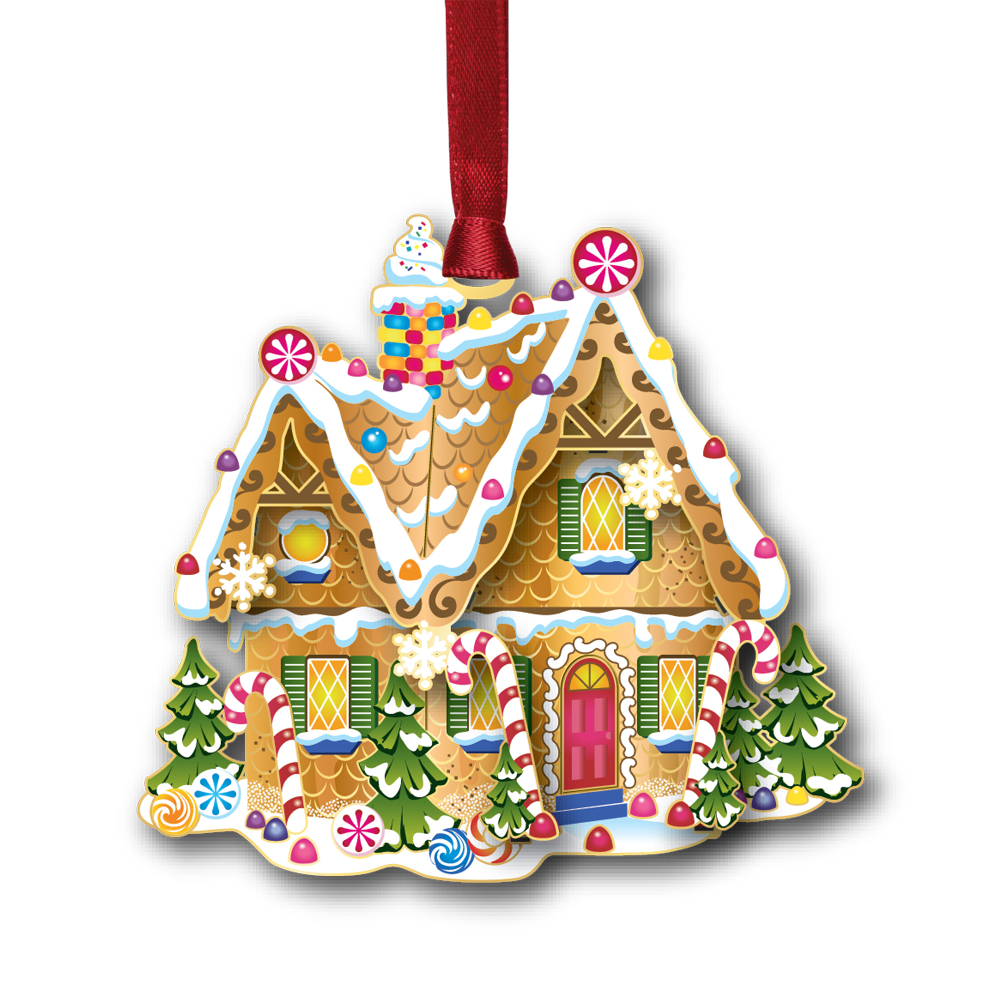 Gold gingerbead house ornament, hanging from a red ribbon.