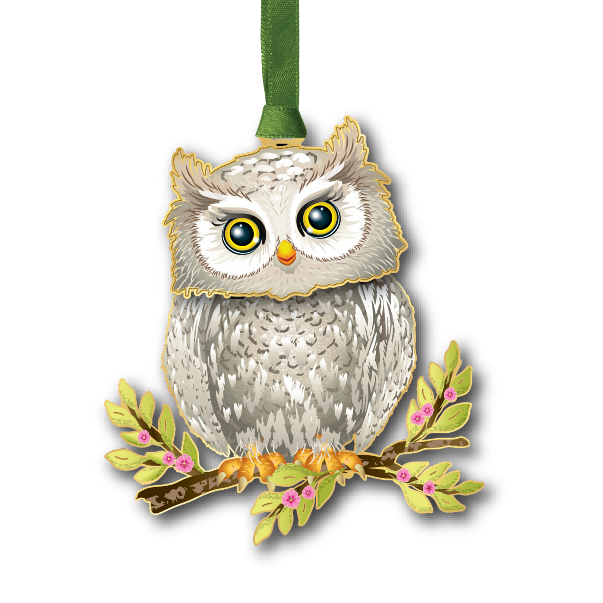 A gold ornament hanging from a green ribbon featuring a white and grey owl perched on a branch.