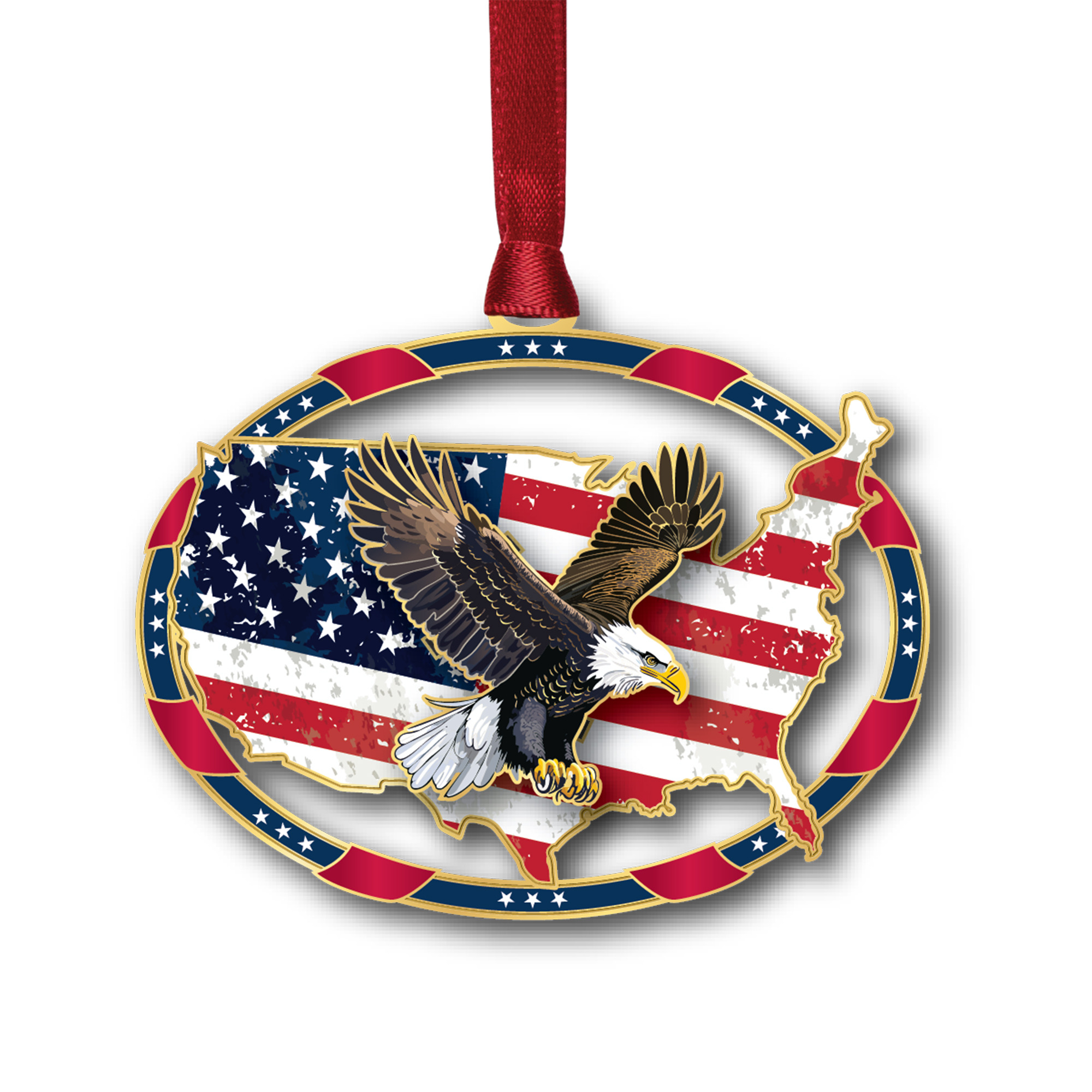 Gold ornament hanging from red ribbon featuring an eagle flying over the United States of America.