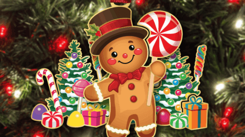Custom ornament featuring a smiling gingerbread character holding a peppermint lollipop, surrounded by Christmas trees, candy, gifts, and festive holiday décor, displayed on a decorated Christmas tree