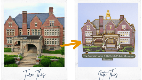 Before-and-after comparison of the Sawyer Home and Oshkosh Public Museum building and its custom ornament design