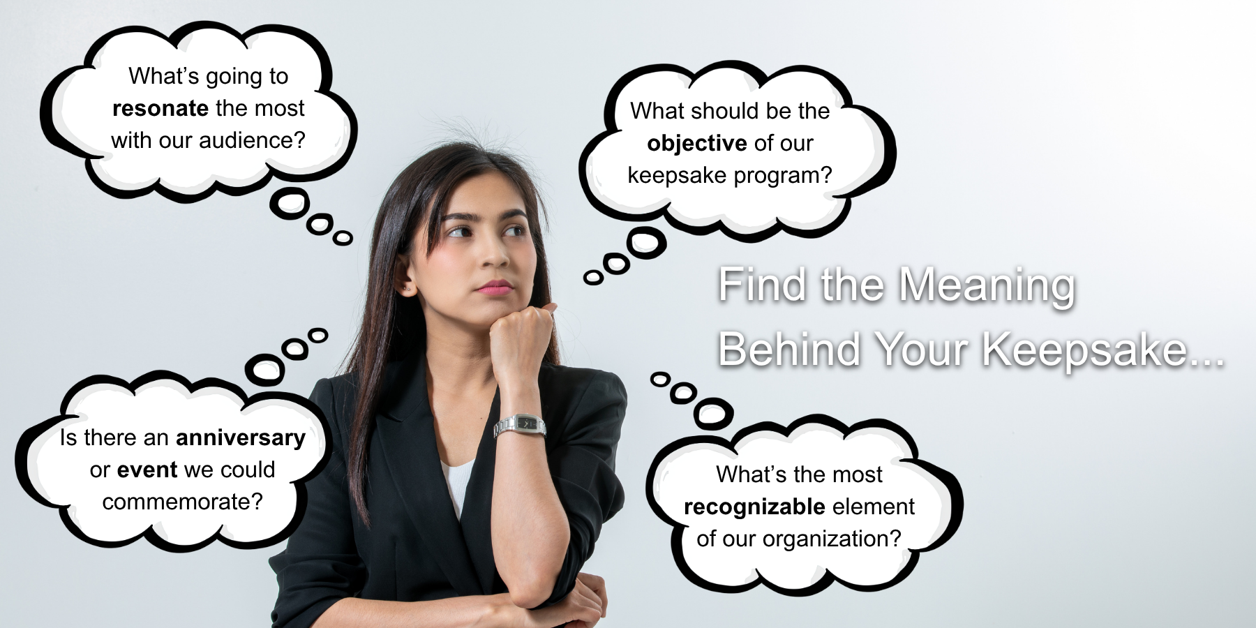 Graphic of a person thinking with speech bubbles asking questions about audience resonance, objectives, recognizable elements, and commemorative events, alongside the text “Find the Meaning Behind Your Keepsake.”