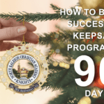 Hand placing a decorative anniversary ornament on a Christmas tree branch with text overlay about building a successful keepsake program in 90 days.