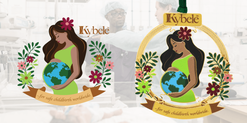 Side-by-side view of the Kybele logo illustration and a finished ornament featuring a stylized woman holding the Earth as her pregnant belly, surrounded by floral elements.