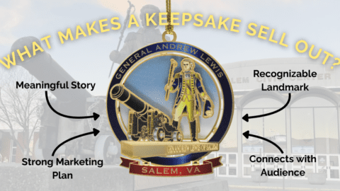 Custom ornament featuring General Andrew Lewis with surrounding callouts highlighting meaningful story, strong marketing plan, recognizable landmark, and audience connection.