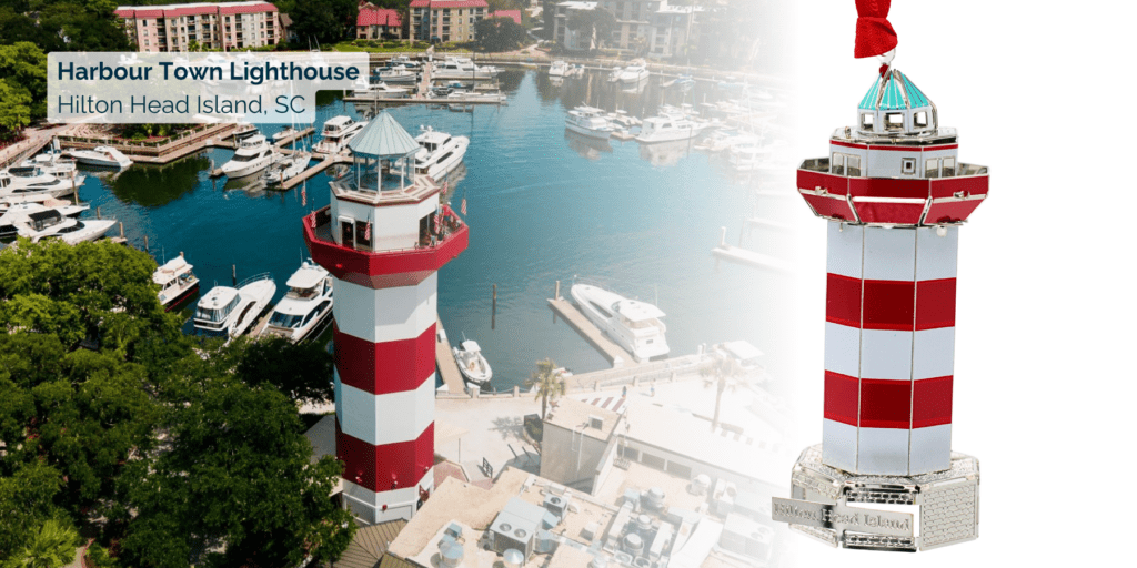 Harbour Town Lighthouse on Hilton Head Island alongside a detailed red-and-white striped lighthouse ornament with a red ribbon.
