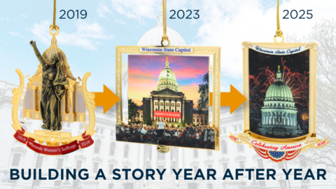 A series of commemorative ornaments from 2019, 2023, and 2025 featuring the Wisconsin State Capitol, illustrating how annual keepsakes can document milestones and build a lasting tradition over time.