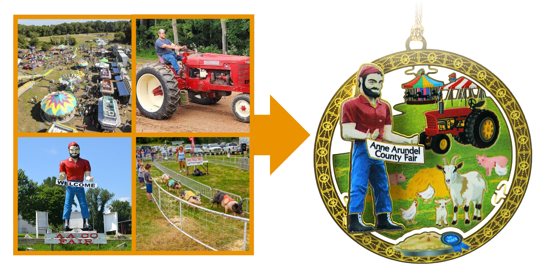 Photos of attractions from the Anne Arundel County Fair, including carnival rides, tractor events, livestock activities, and the fair mascot, displayed alongside a custom ornament featuring iconic fair scenes.