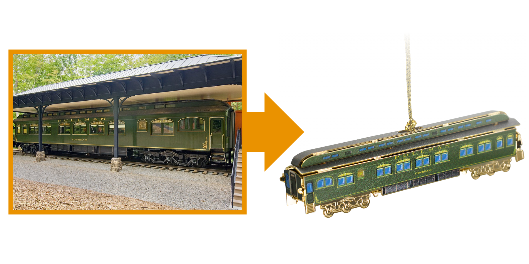 Historic Pullman railcar on display at Hildene, The Lincoln Family Home, shown alongside a custom 3D ornament replicating the railcar in detailed miniature form.