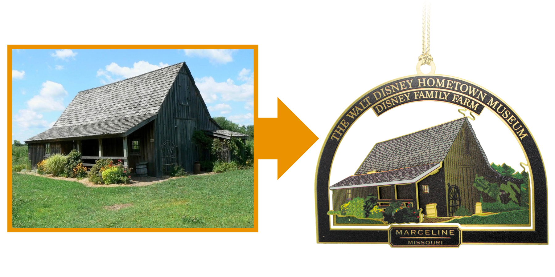 Photo of Walt Disney's family farm alongside a custom ornament featuring the historic barn, created for The Walt Disney Hometown Museum in Marceline, Missouri.